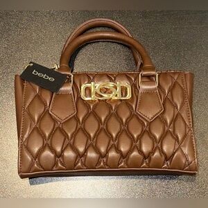 Bebe Quilted Brown Satchel Bag Gold Logo Top Handle Purse NWT